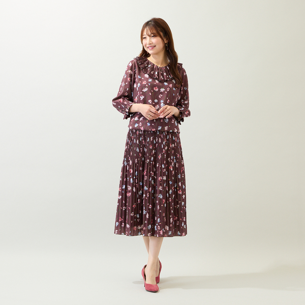 美品✨45R フラワーリース柄コットンブラウス 茶 F 日本製 ゆったり 110228303640506002?$VS_1500$