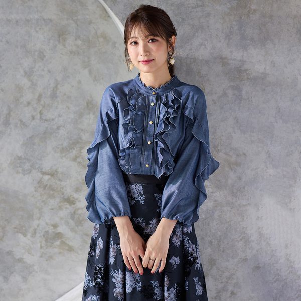 【サイズ１】BOWTE バウト フリルタンガリーシャツ BOWTE＞チェック フリル ショートスリーブ シャツ