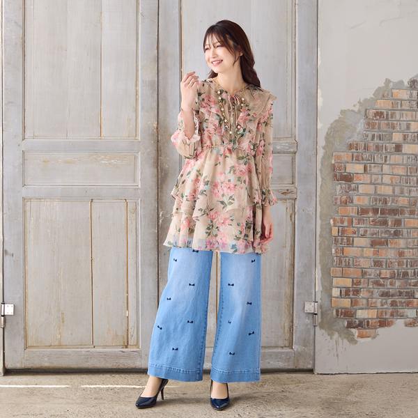 人気デザイン】【手洗いOK】リボン刺繍ワイドデニム