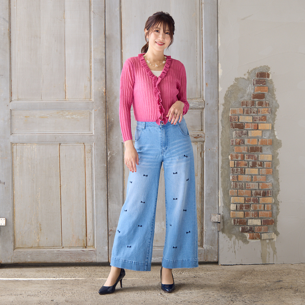 人気デザイン】【手洗いOK】リボン刺繍ワイドデニム