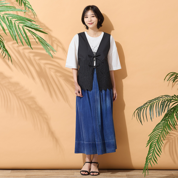 45R 藍染め コットン ベスト ジレ 刺繍ロゴ 男女兼用 3 Lサイズ ブルー 手洗いOK・セットアップ対応】カットワーク刺繍ジレ | レディース