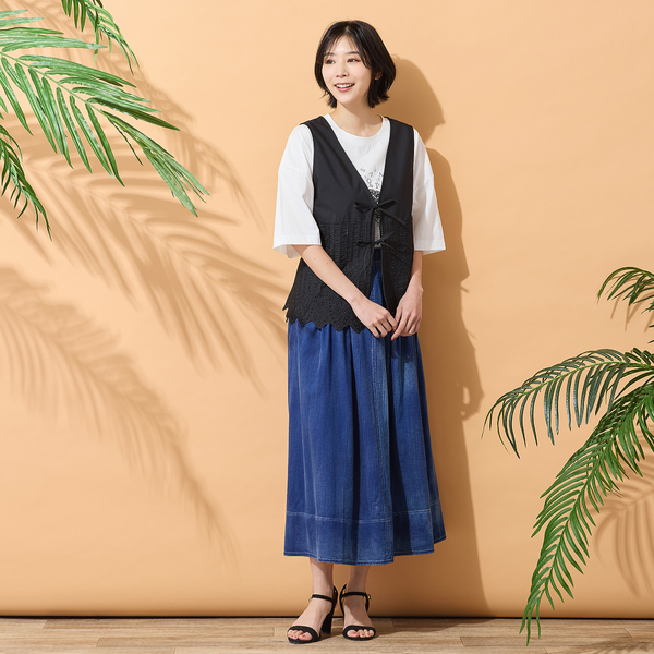 45R 藍染め コットン ベスト ジレ 刺繍ロゴ 男女兼用 3 Lサイズ ブルー 手洗いOK・セットアップ対応】カットワーク刺繍ジレ | レディース