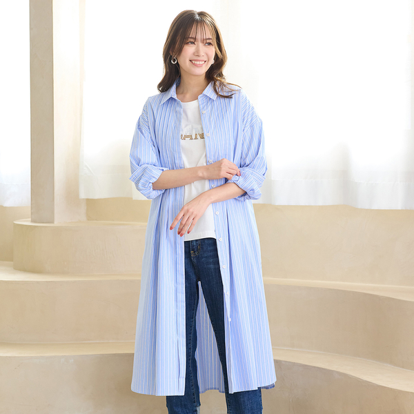 手洗いOK】ストライプ・フロントタックシャツワンピース | レディース