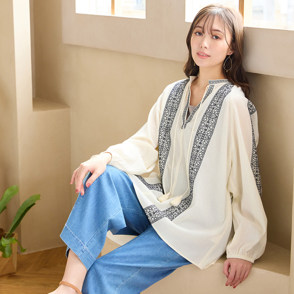 kuumi様 マイラン リネン100% 刺繍シリーズ ボリュームスリーブブラウス 手洗いOK・綿100％】綿楊柳刺繍ラグランスリーブブラウス | レディース