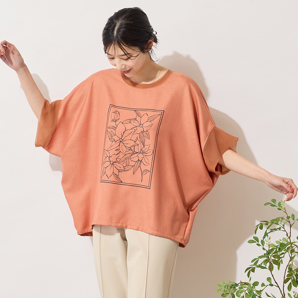 マルニ コクーン プルオーバー ブラウス カットソー ピンク オレンジ系 38 手洗いOK・接触冷感】フラワープリントコクーンブラウス | レディース