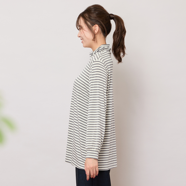 手洗いOK・吸湿発熱】ボーダーハイネックカットソー | レディース