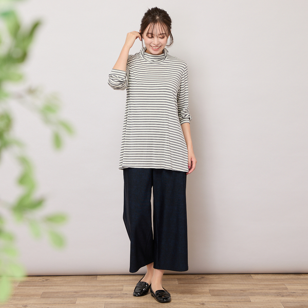 手洗いOK・吸湿発熱】ボーダーハイネックカットソー | レディース