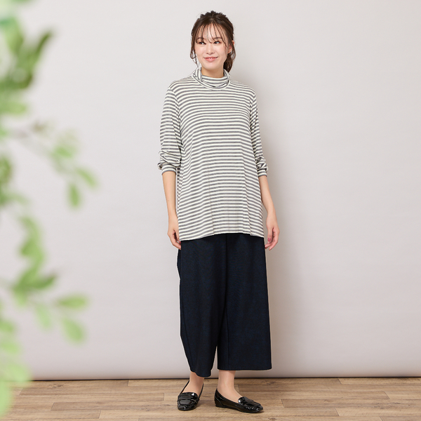 手洗いOK・吸湿発熱】ボーダーハイネックカットソー | レディース