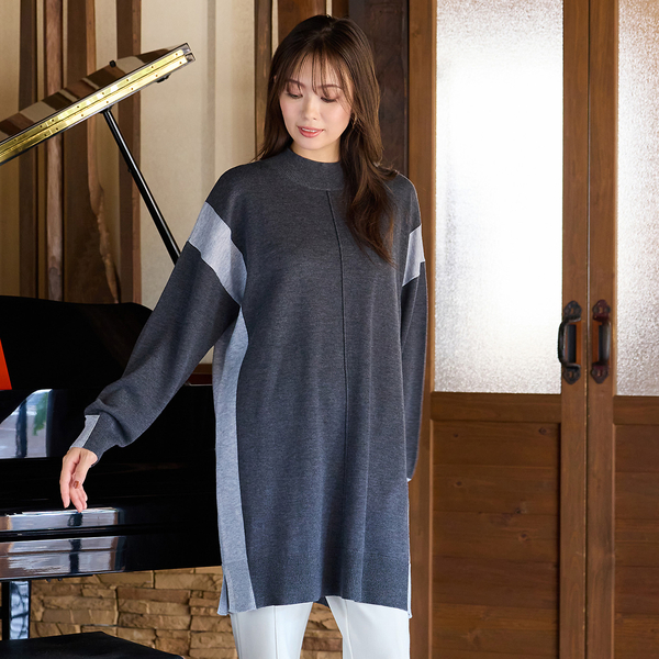 バイカラー配色・チュニック丈ハイネックニット | レディース