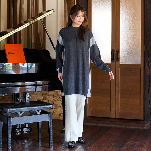 バイカラー配色・チュニック丈ハイネックニット | レディース