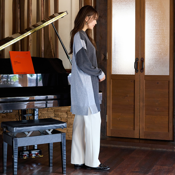 バイカラー配色・チュニック丈ハイネックニット | レディース