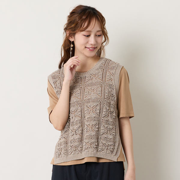 新品 Veritecoeur✨ミックスヤーン ローゲージ ニットベスト ベージュ 洗える】透かし編みローゲージニットベスト | レディースファッション