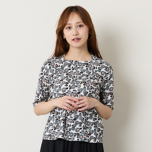 洗える】フラワープリントボートネックTシャツ | レディース