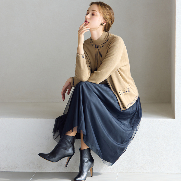 洗える/アンサンブル対応】柄縁取りウール混ニットカーディガン