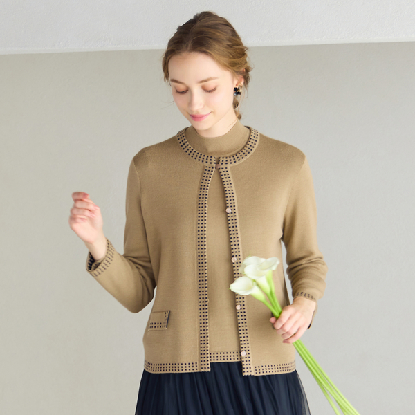 洗える/アンサンブル対応】柄縁取りウール混ニットカーディガン