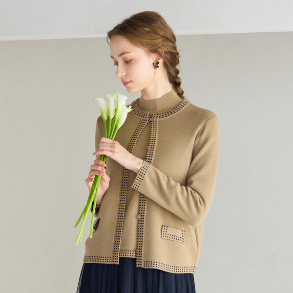 洗える/アンサンブル対応】柄縁取りウール混ニットカーディガン