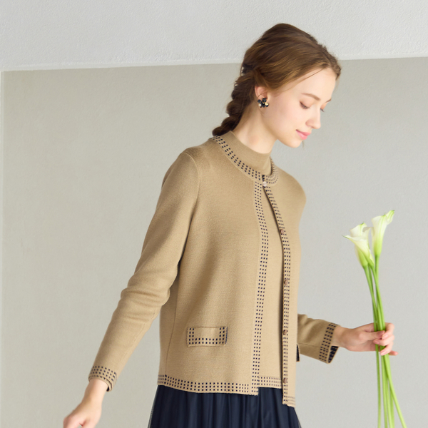 洗える/アンサンブル対応】柄縁取りウール混ニットカーディガン