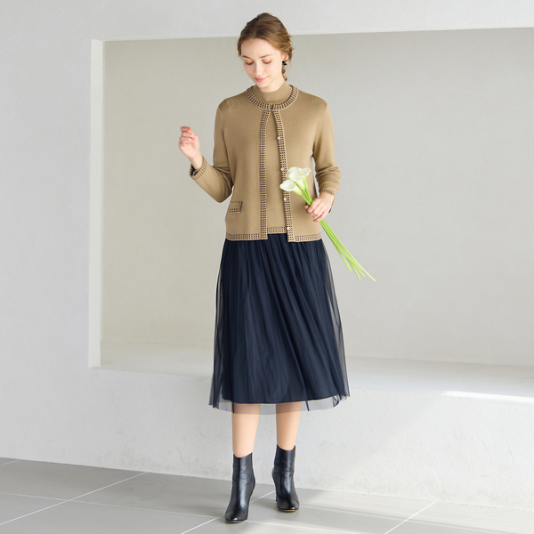 洗える/アンサンブル対応】柄縁取りウール混ニットカーディガン