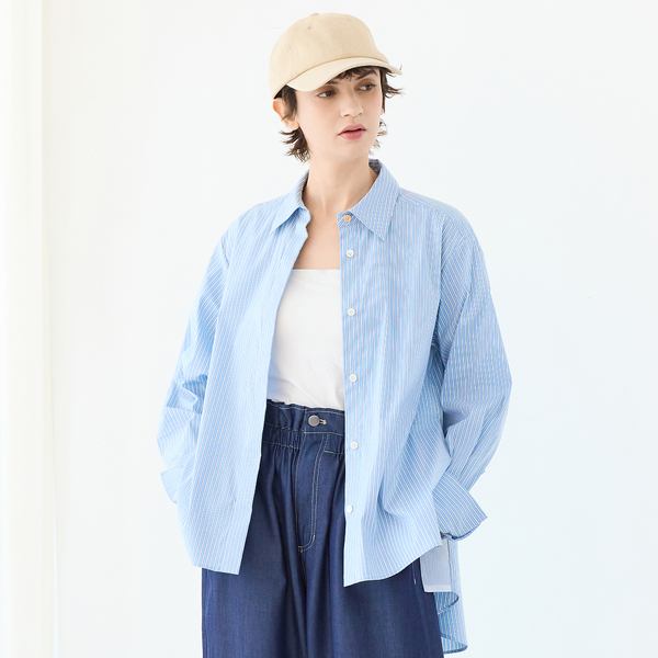 ANN DEMEULEMEESTER2014SSロングシャツXXS 青ストライプ 洗える・S/M/Lサイズ】サイドスリットストライプシャツ | レディース
