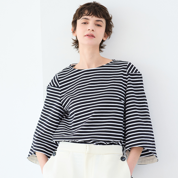 洗える】タック袖コットンボーダーカットソー | レディース