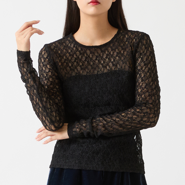 ブラック レース模様 長袖カットソー cawaii tシャツ （黒）レース模様が浮かび上がるカットソートップス