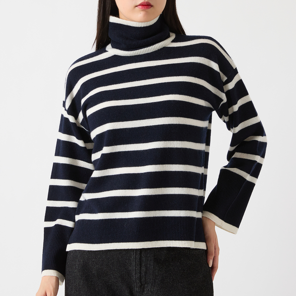 カシミヤ100％】タートルネックボーダーニット | レディース