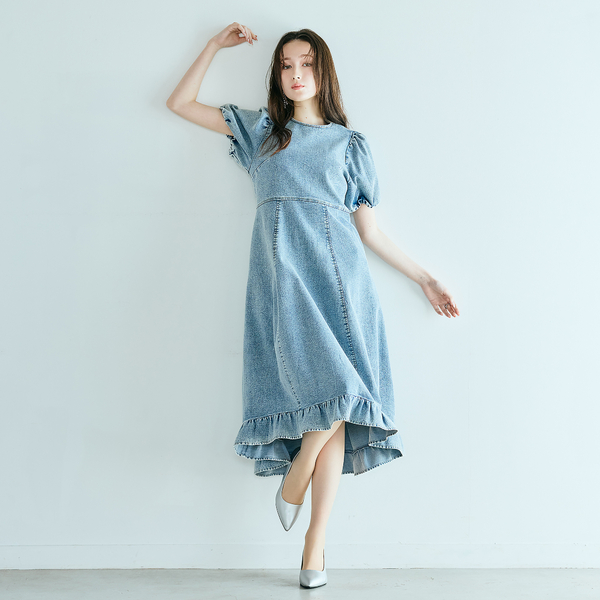 ライトデニムのワンピース ライトデニムボリュームスリーブワンピース | レディースファッション