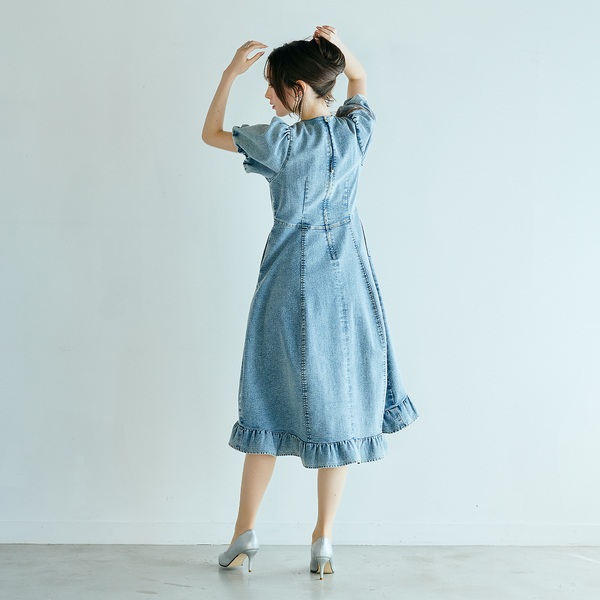天女のワンピース女パフスリーブ ライトデニムボリュームスリーブワンピース | レディースファッション
