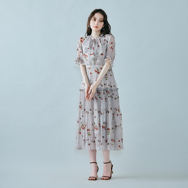 チェリープリントプリーツワンピース | レディースファッション