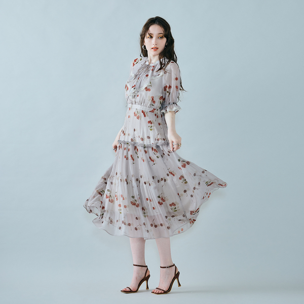 チェリープリントプリーツワンピース | レディースファッション