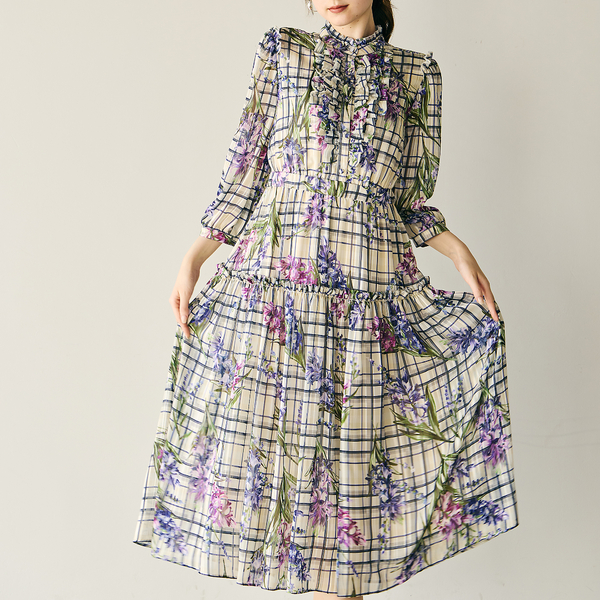 フラワーチェックプリントワンピース | レディースファッション