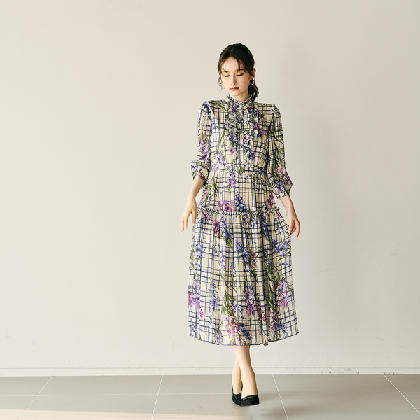 フラワーチェックプリントワンピース | レディースファッション