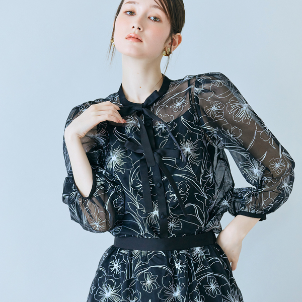 シアー刺繍バイカラーダブルリボンブラウス | レディースファッション