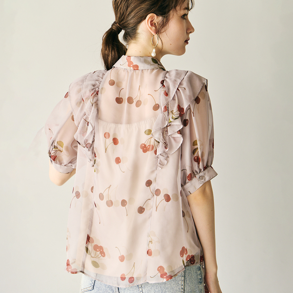 チェリープリントリボン付きブラウス | レディースファッション