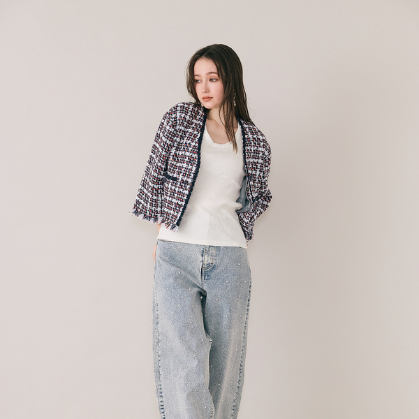 【タグ付き新品】オーディアミューズ ファンシーツィードジャンドレ ホワイト ファンシーツィードジャケット | レディースファッション【JUNIOR