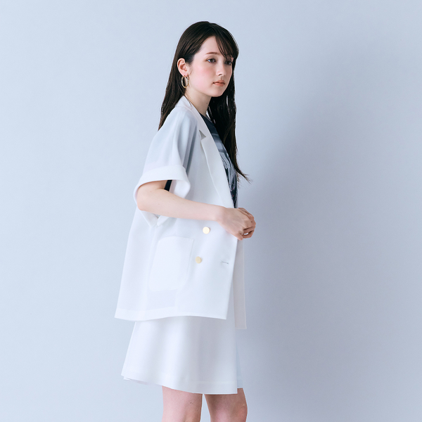 Drawer - 「hiro」ドゥロワー  フレアスリーブ ジャケット ホワイト 36 ハーフスリーブダブルシアージャケット | レディースファッション