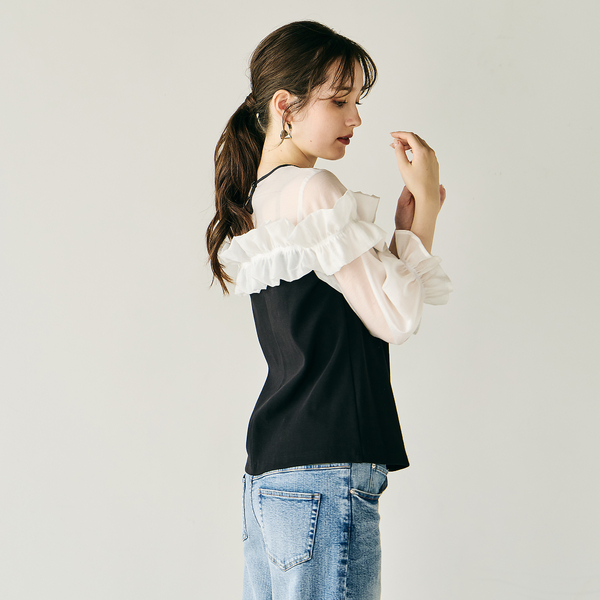 極美品☆プリーツプリーズ 変形 フリル トップス カットソー シアー OTONA トップス シアートップス フリル レディース スモーキー