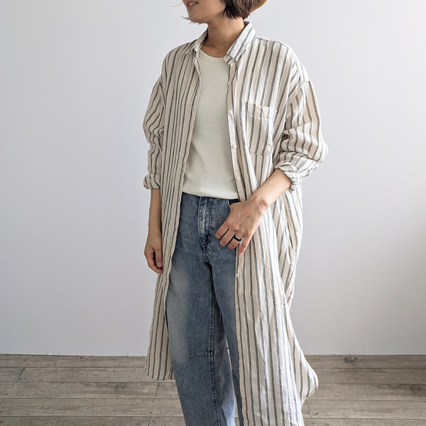 リネン100％】ストライプ柄シャツワンピース | レディース