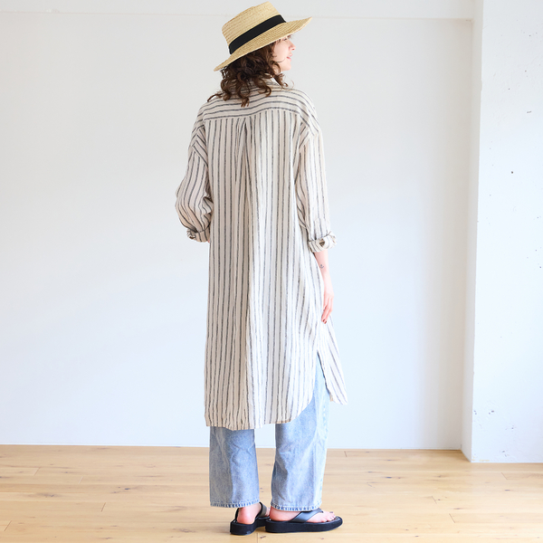 120％lino シャツワンピース　リネン　ストライプ リネン100％】ストライプ柄シャツワンピース | レディースファッション